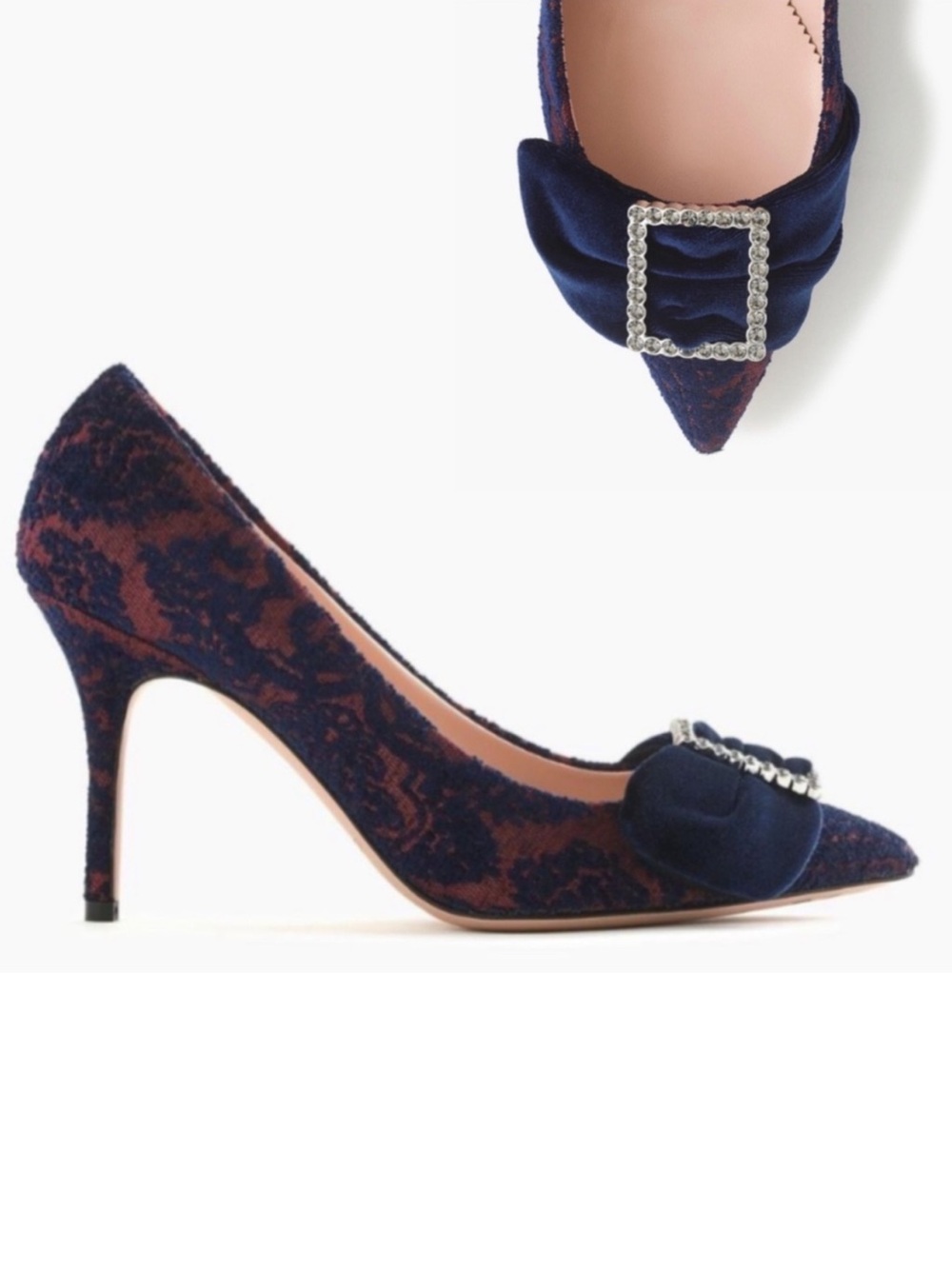 J. CREW NWOT Navy Maroon Velvet Brocade Rhinestone Buckle Bow Elsie Pumps Heels